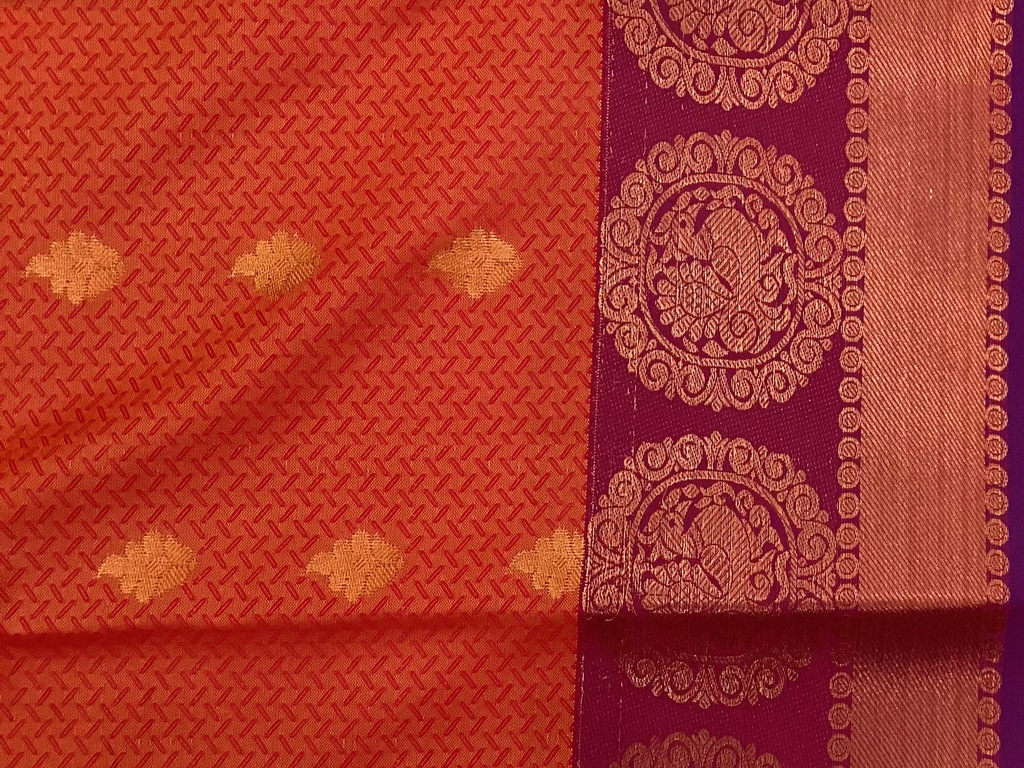 Royal Purple Orange Brocade Saree Copper Gold Medallion Border Traditional