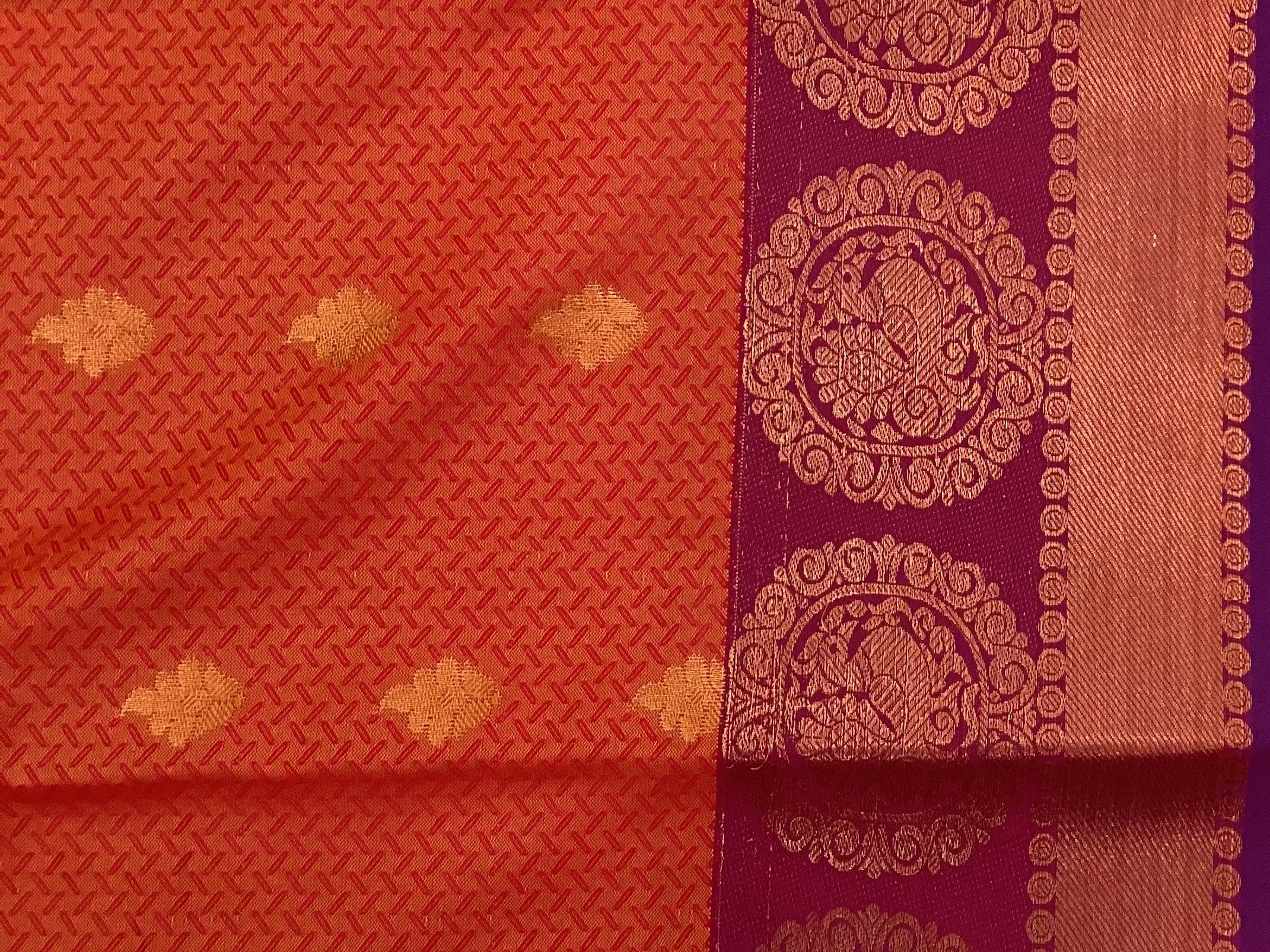 Royal Purple Orange Brocade Saree Copper Gold Medallion Border Traditional