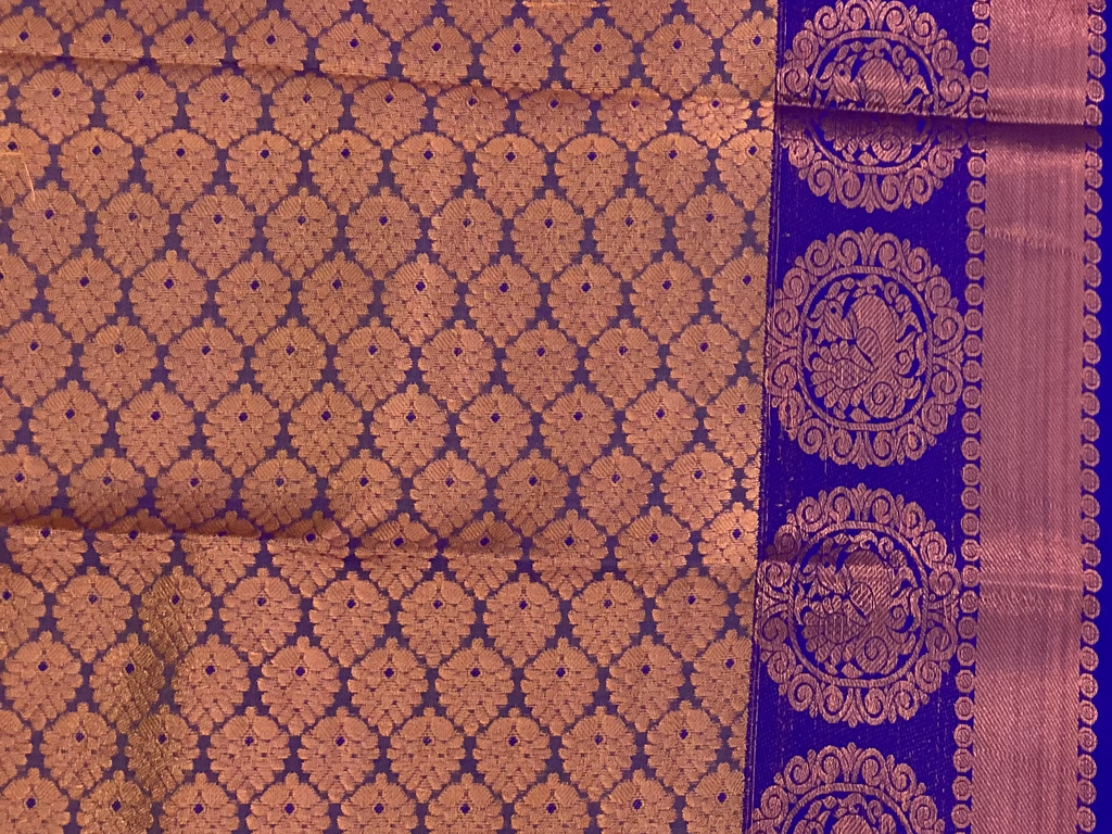 Royal Purple Orange Brocade Saree Copper Gold Medallion Border Traditional