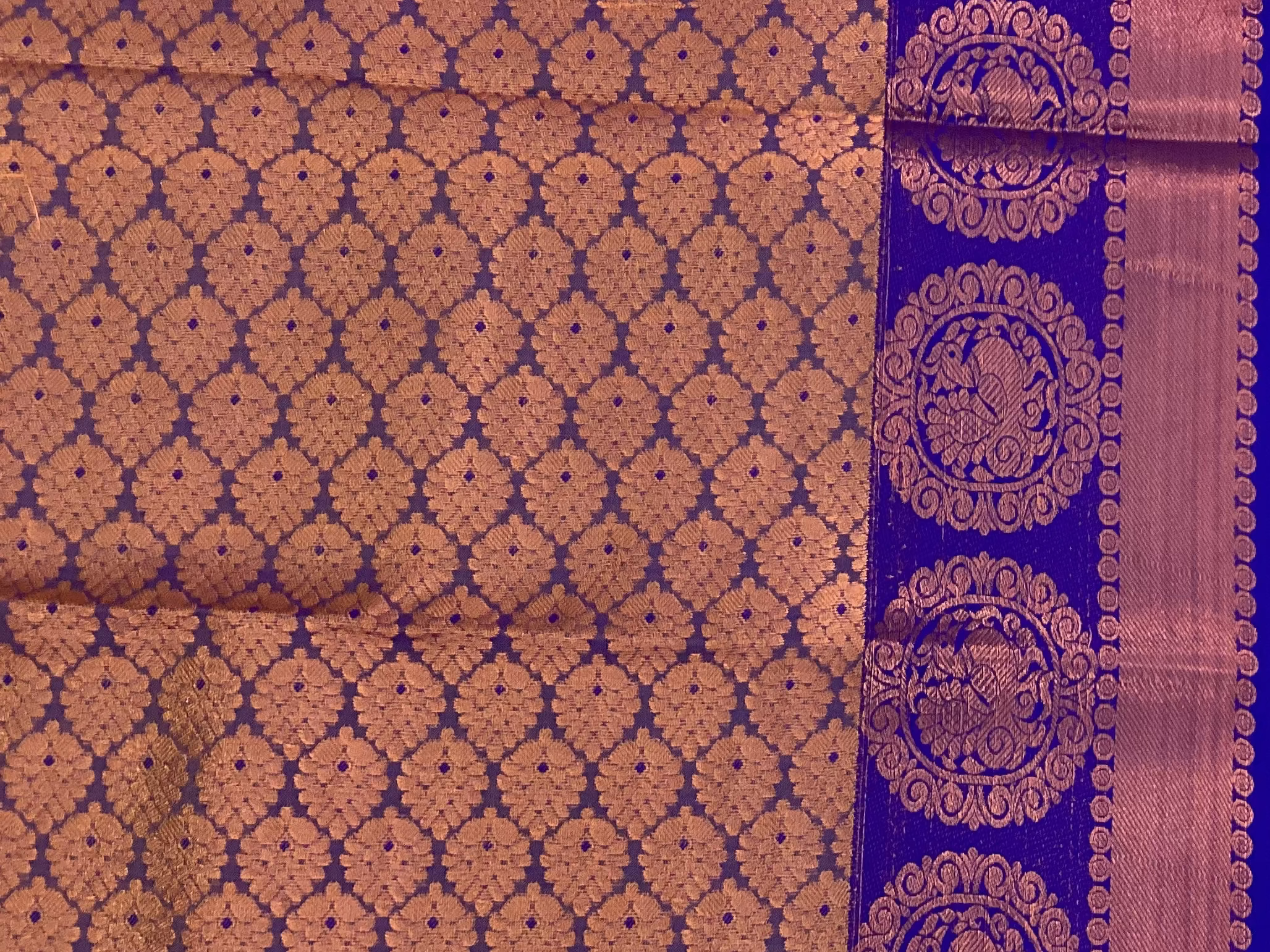 Royal Purple Orange Brocade Saree Copper Gold Medallion Border Traditional