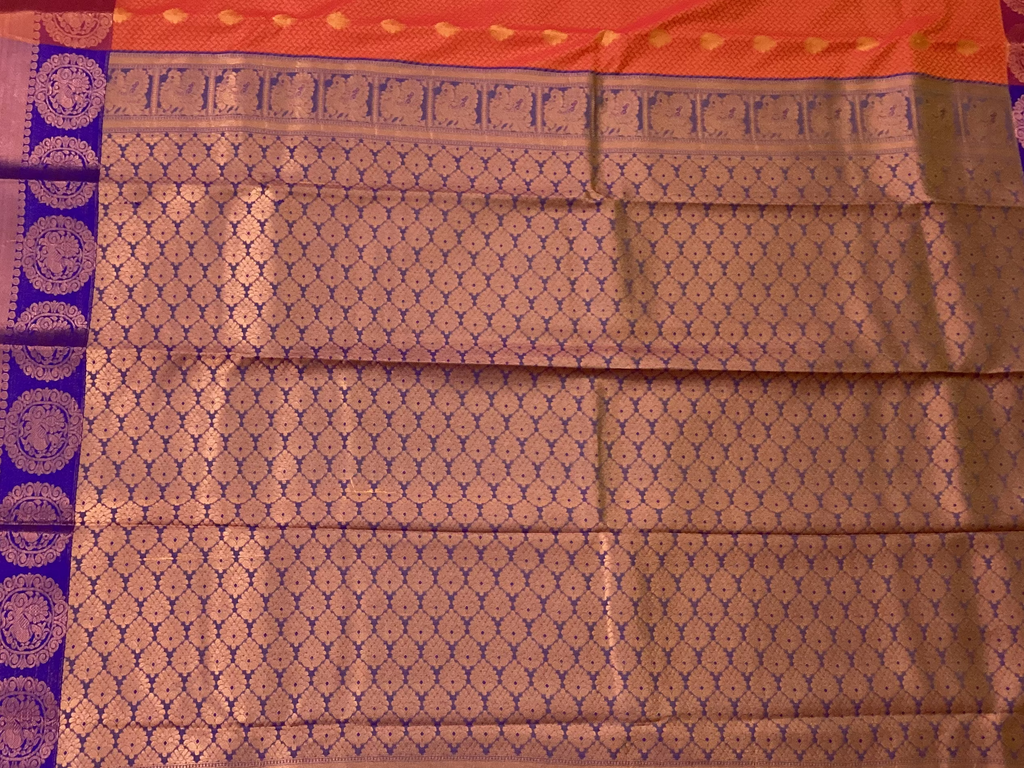 Royal Purple Orange Brocade Saree Copper Gold Medallion Border Traditional