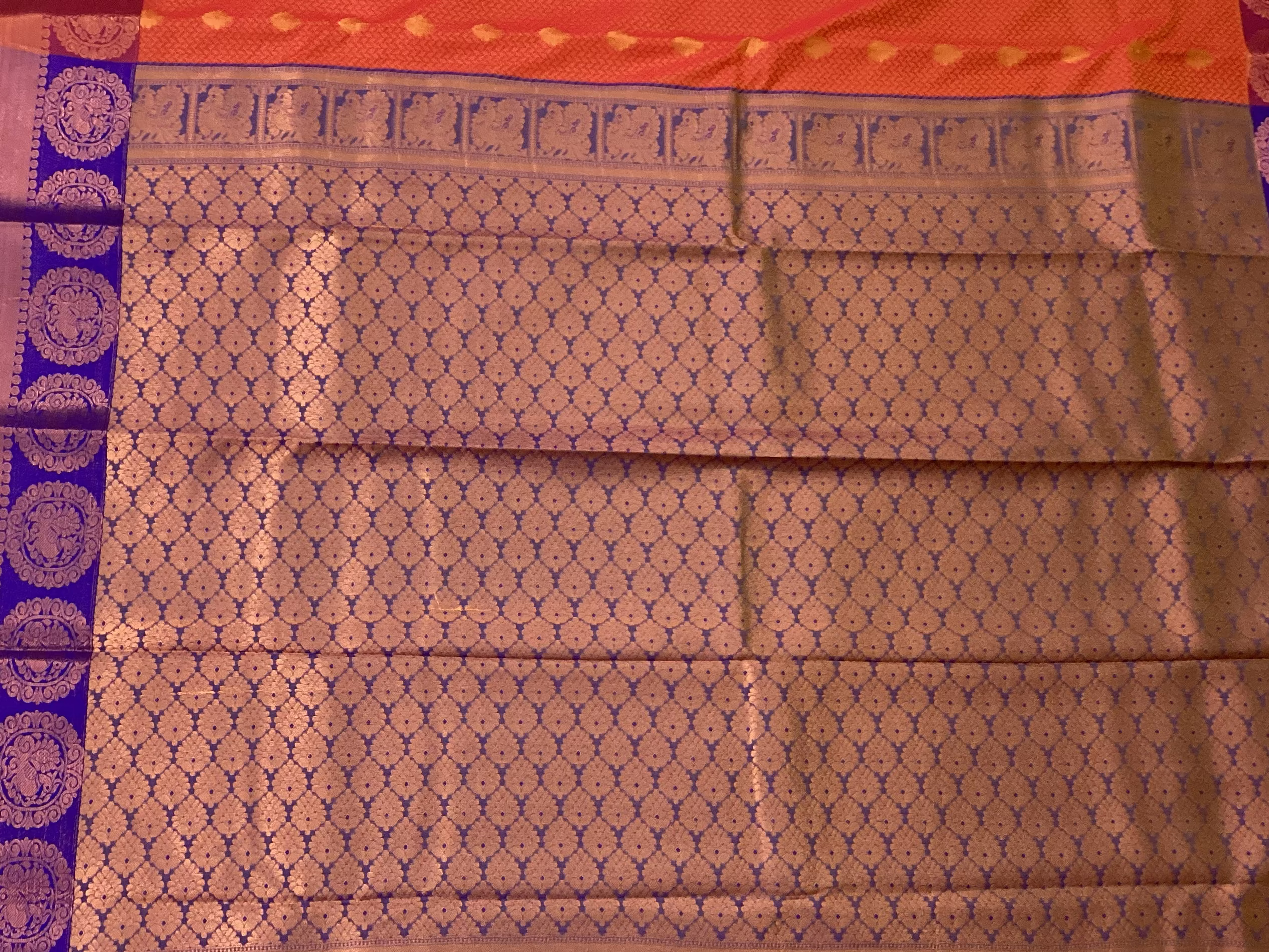 Royal Purple Orange Brocade Saree Copper Gold Medallion Border Traditional