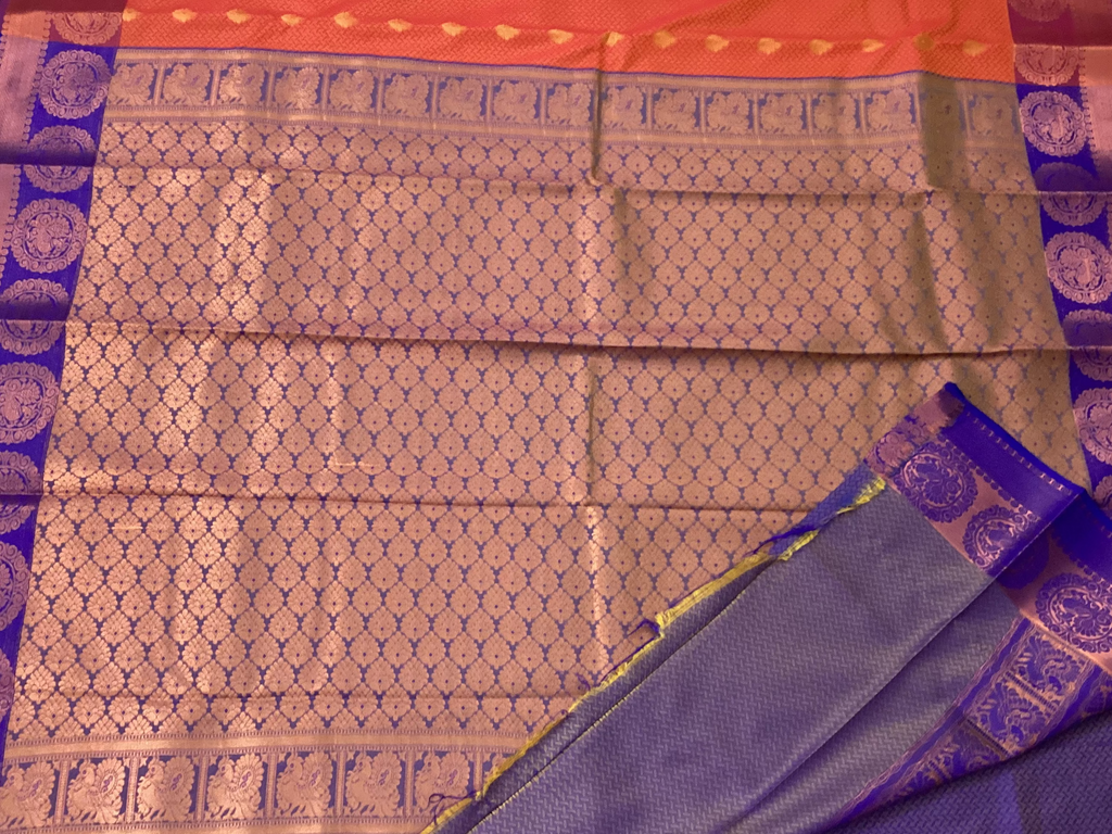 Royal Purple Orange Brocade Saree Copper Gold Medallion Border Traditional