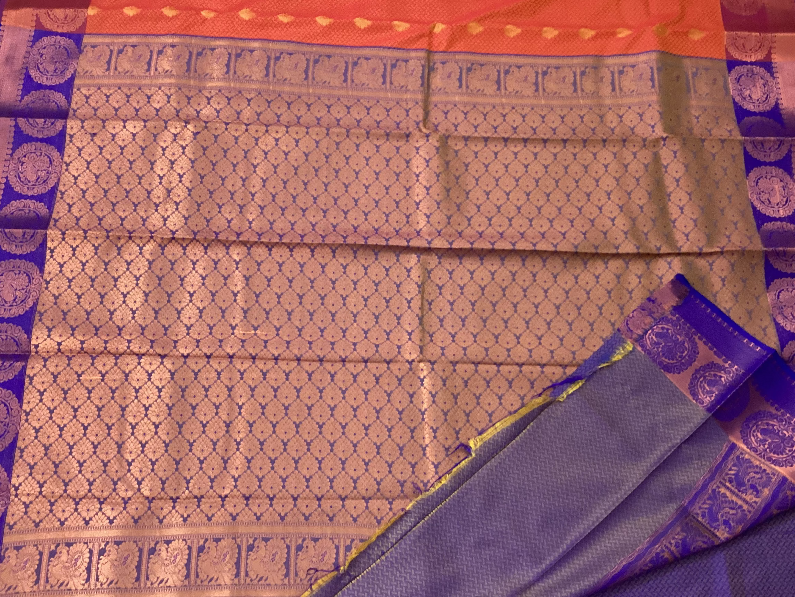 Royal Purple Orange Brocade Saree Copper Gold Medallion Border Traditional