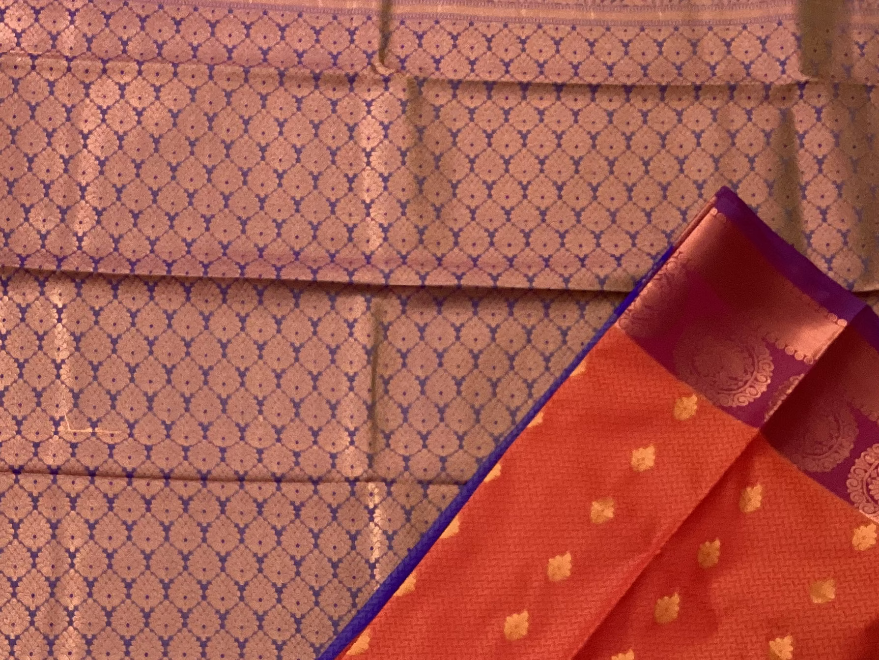 Royal Purple Orange Brocade Saree Copper Gold Medallion Border Traditional