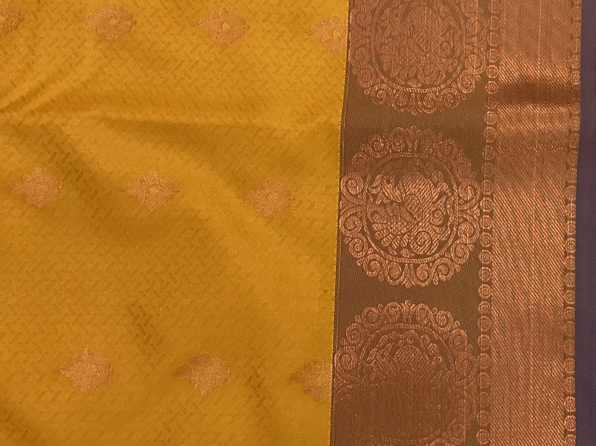 Royal Blue Mustard Silk Saree Rose Gold Zari Medallion Border