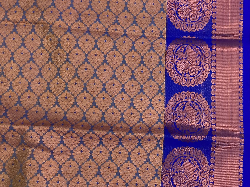 Royal Blue Mustard Silk Saree Rose Gold Zari Medallion Border