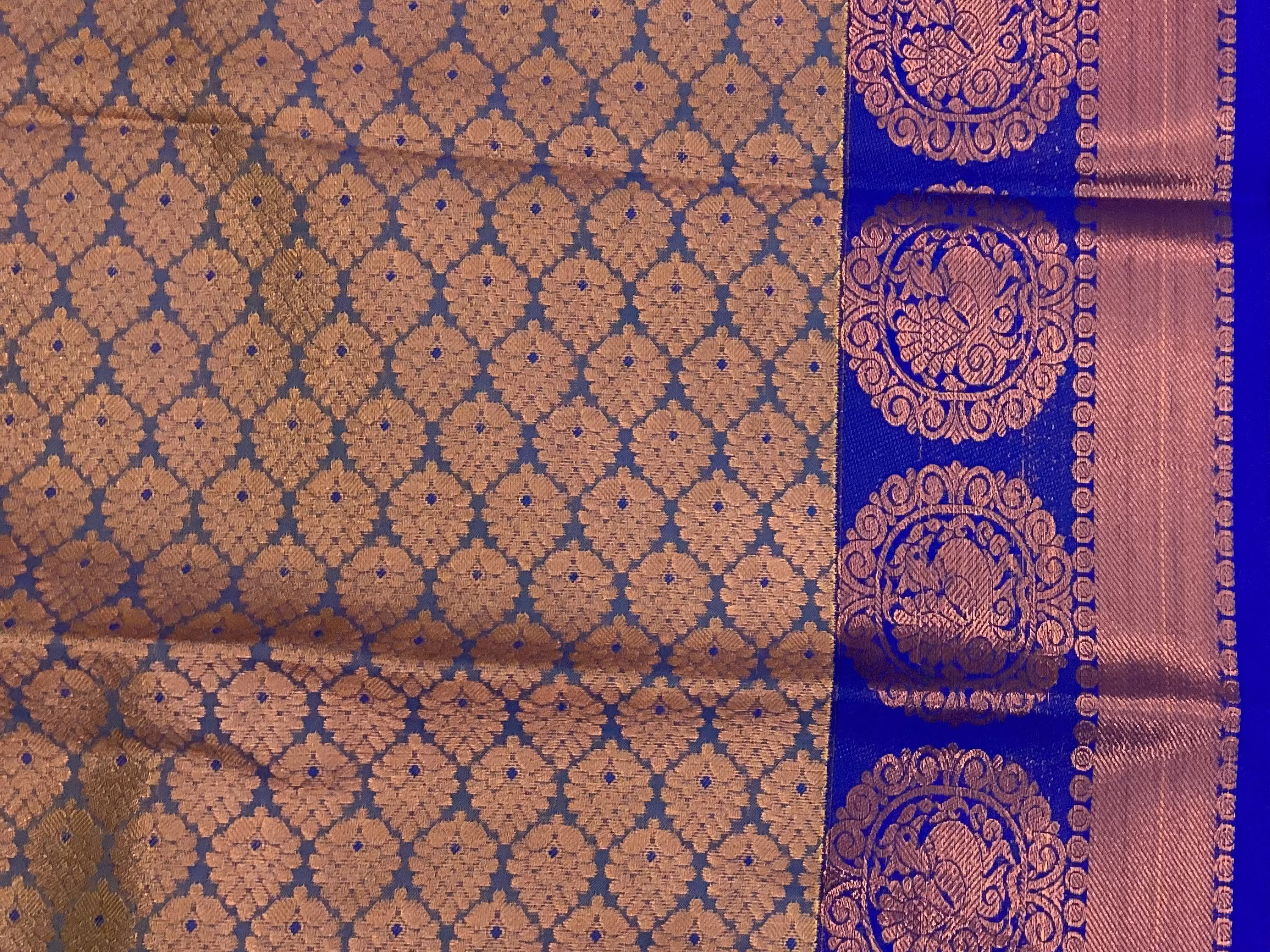 Royal Blue Mustard Silk Saree Rose Gold Zari Medallion Border