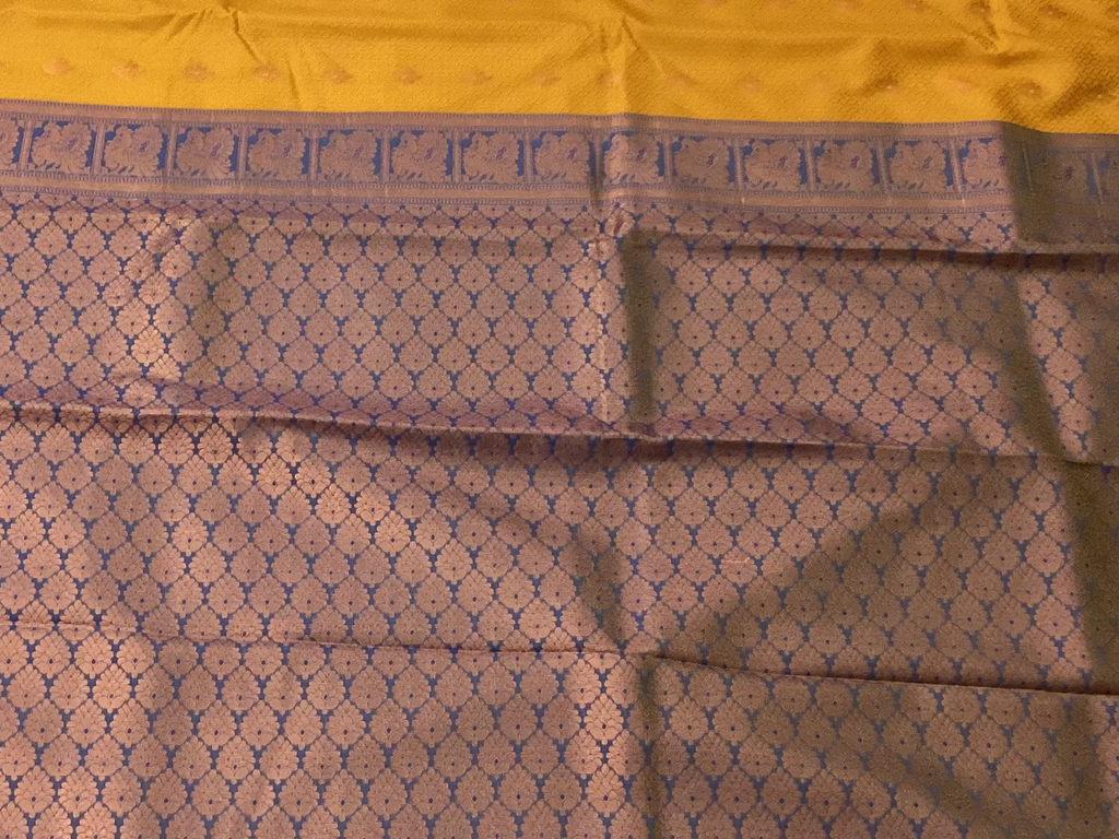 Royal Blue Mustard Silk Saree Rose Gold Zari Medallion Border