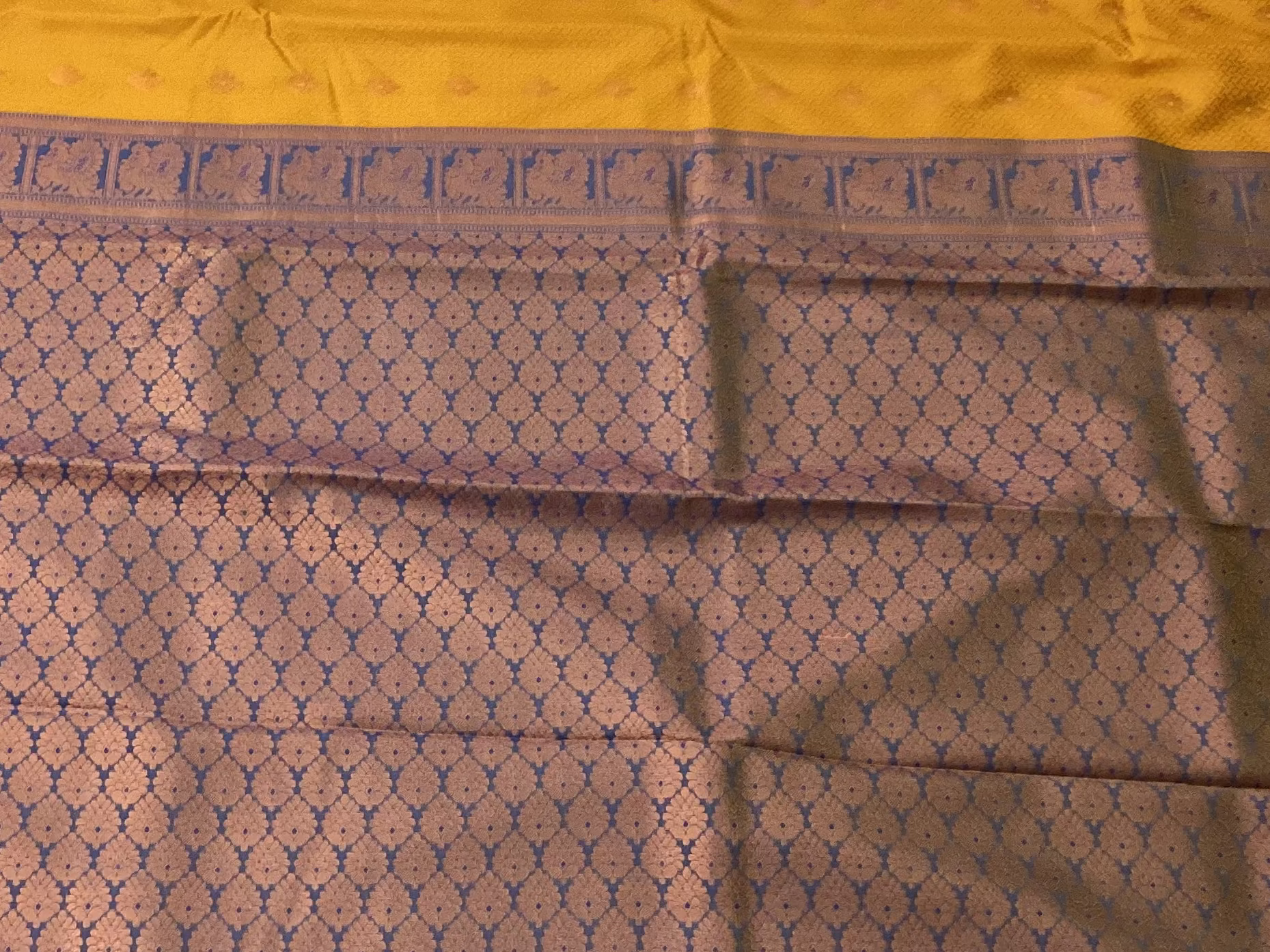 Royal Blue Mustard Silk Saree Rose Gold Zari Medallion Border