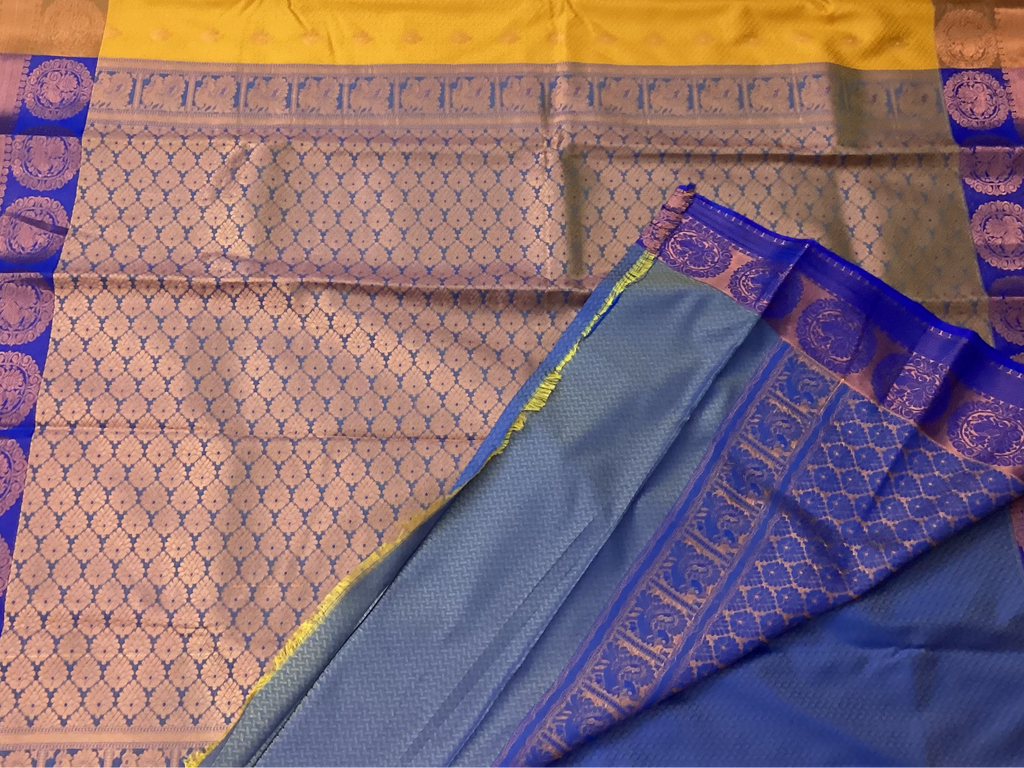 Royal Blue Mustard Silk Saree Rose Gold Zari Medallion Border