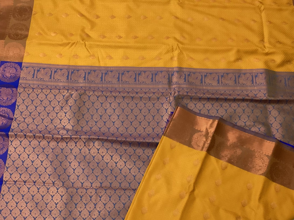 Royal Blue Mustard Silk Saree Rose Gold Zari Medallion Border