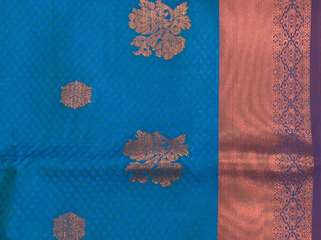 Teal Maroon Kanjivaram Inspired Silk Saree With Gold Floral Buttas