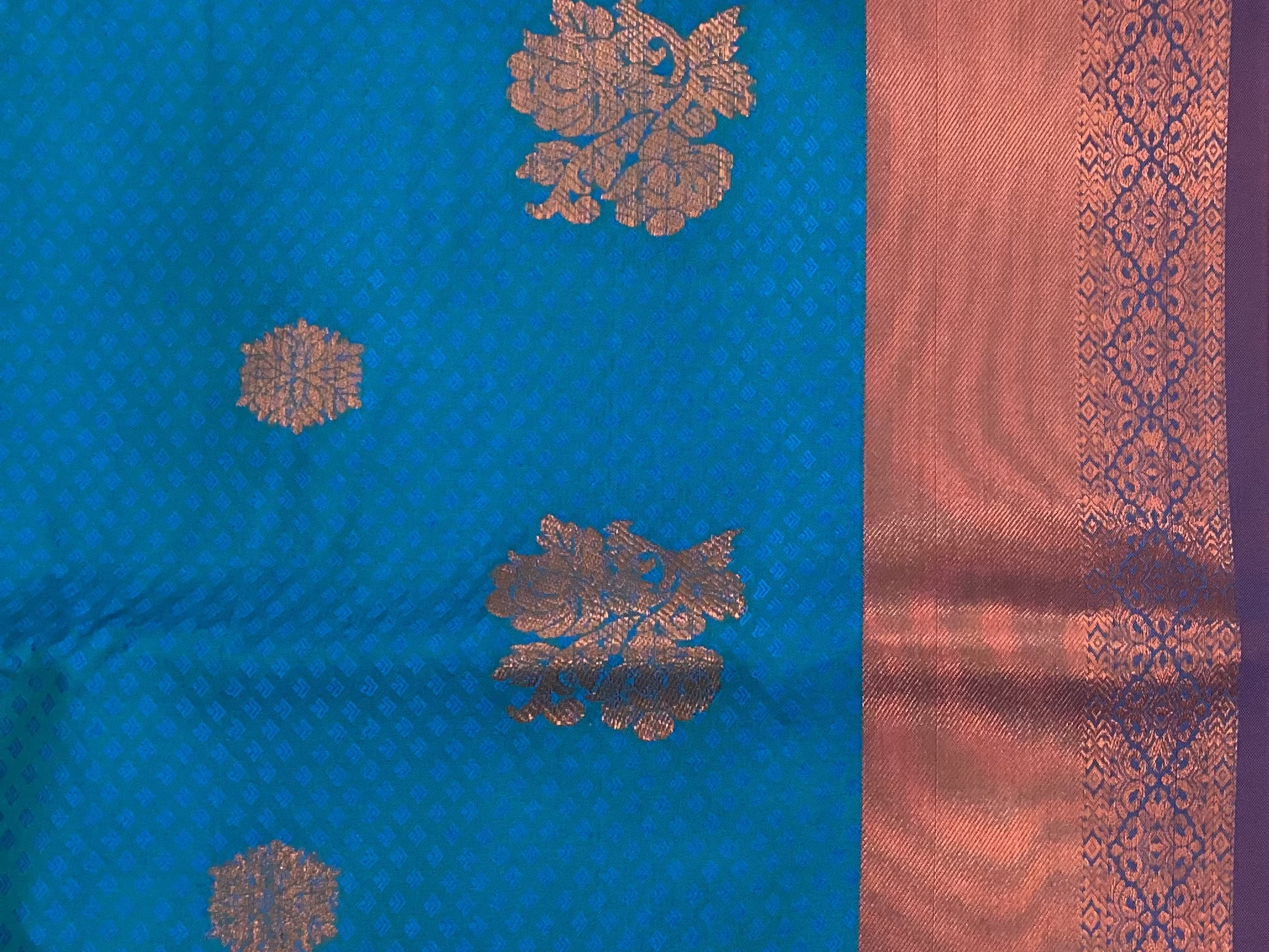 Teal Maroon Kanjivaram Inspired Silk Saree With Gold Floral Buttas