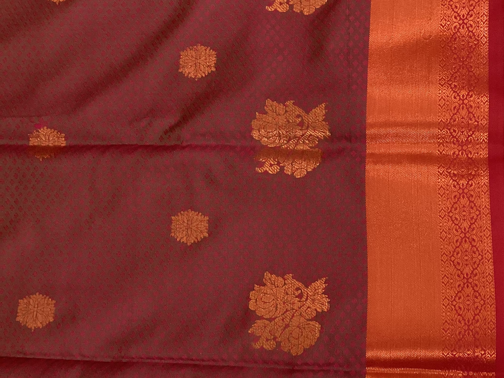 Teal Maroon Kanjivaram Inspired Silk Saree With Gold Floral Buttas