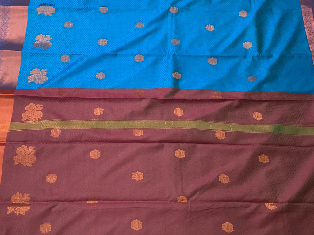Teal Maroon Kanjivaram Inspired Silk Saree With Gold Floral Buttas