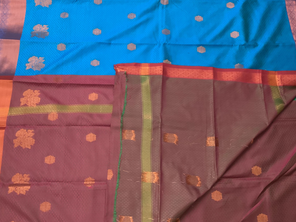 Teal Maroon Kanjivaram Inspired Silk Saree With Gold Floral Buttas