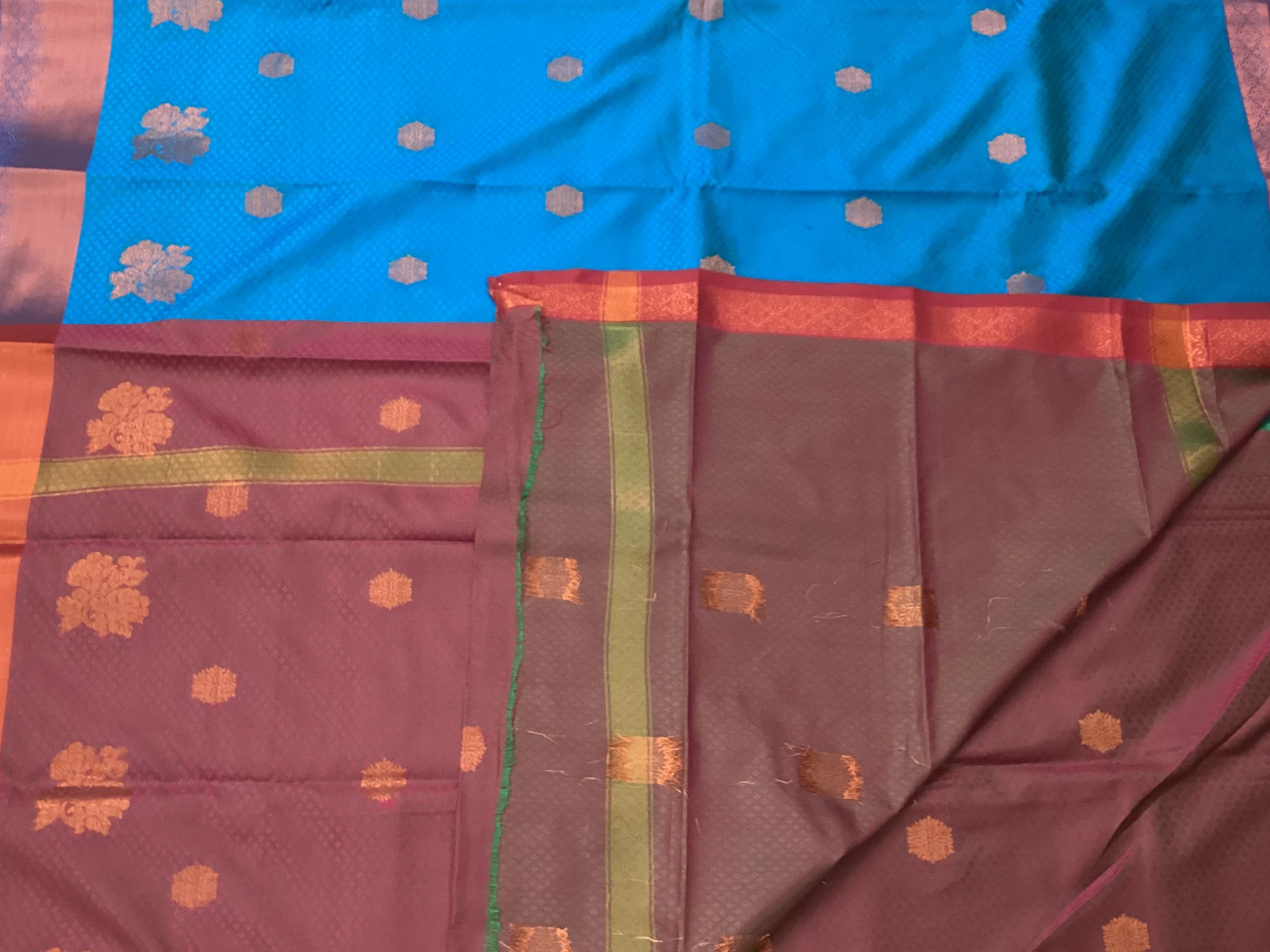 Teal Maroon Kanjivaram Inspired Silk Saree With Gold Floral Buttas