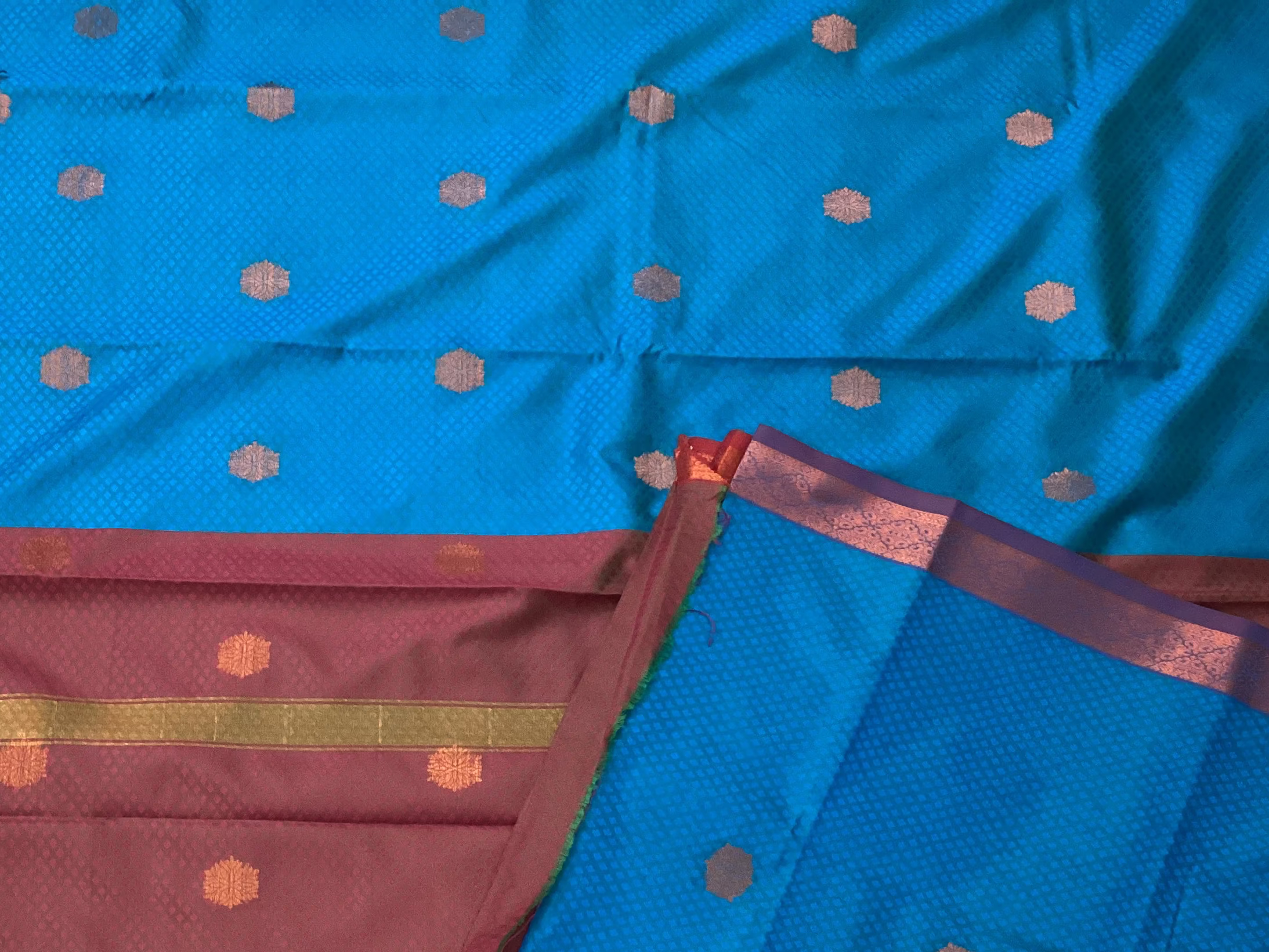 Teal Maroon Kanjivaram Inspired Silk Saree With Gold Floral Buttas