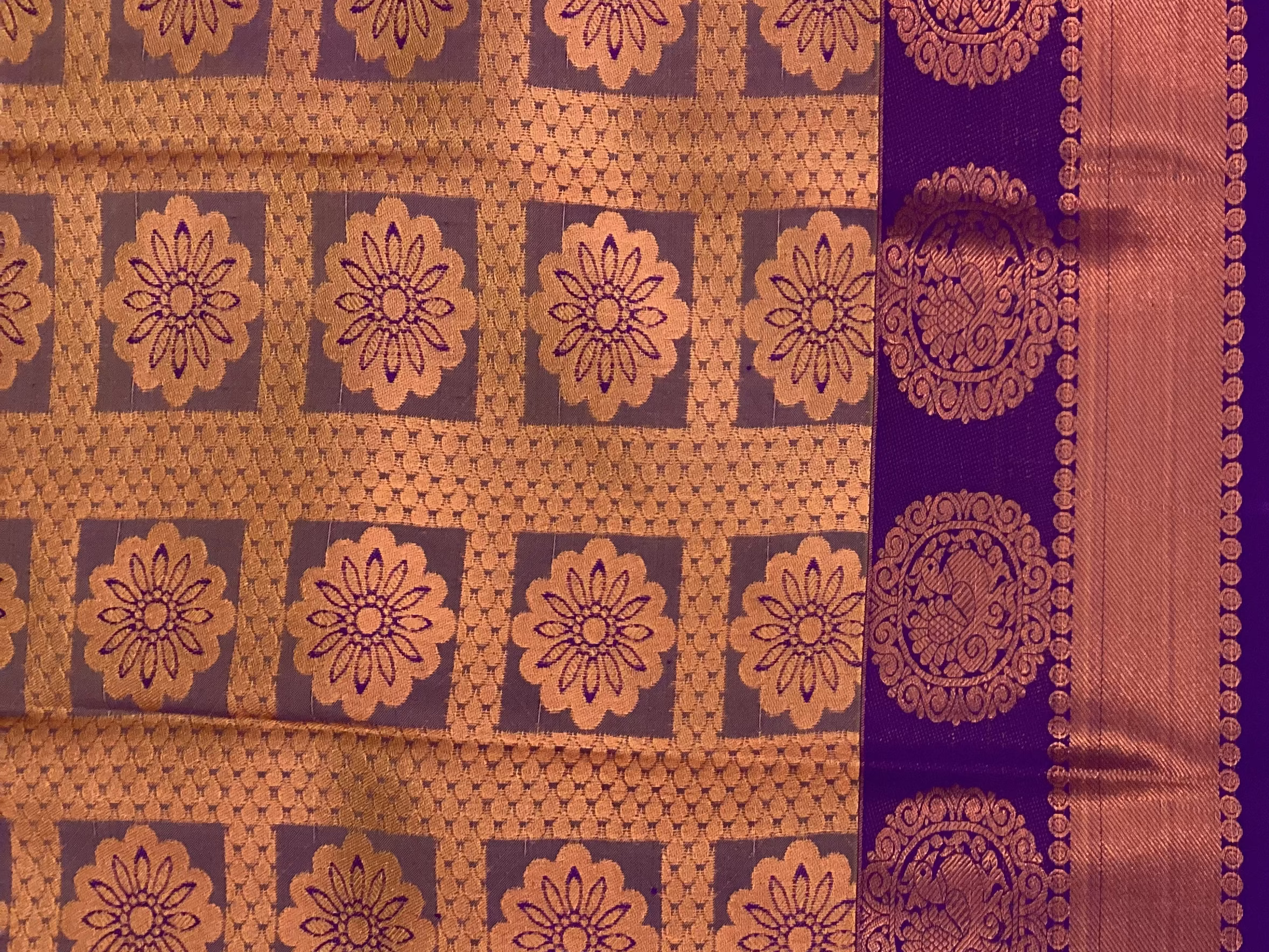 Tangerine Purple Saree Floral Medallion Antique Gold Zari Traditional Occasion