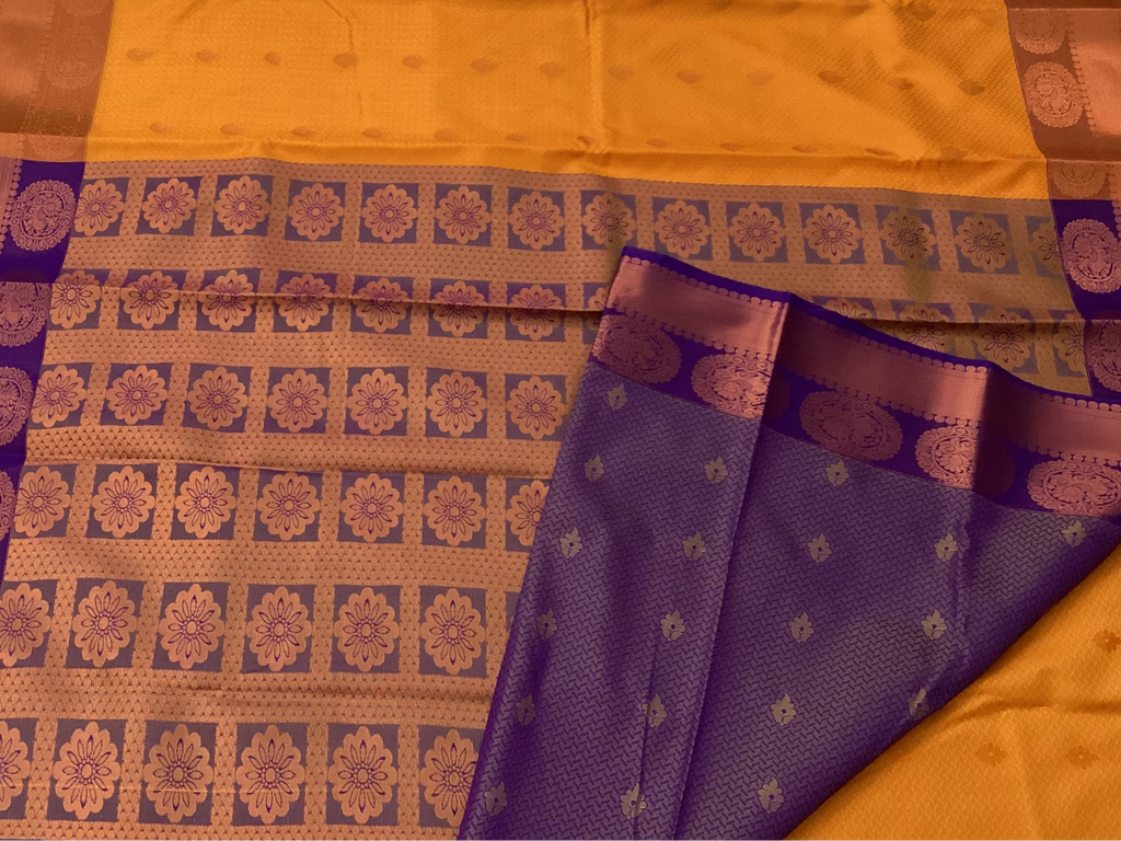 Tangerine Purple Saree Floral Medallion Antique Gold Zari Traditional Occasion