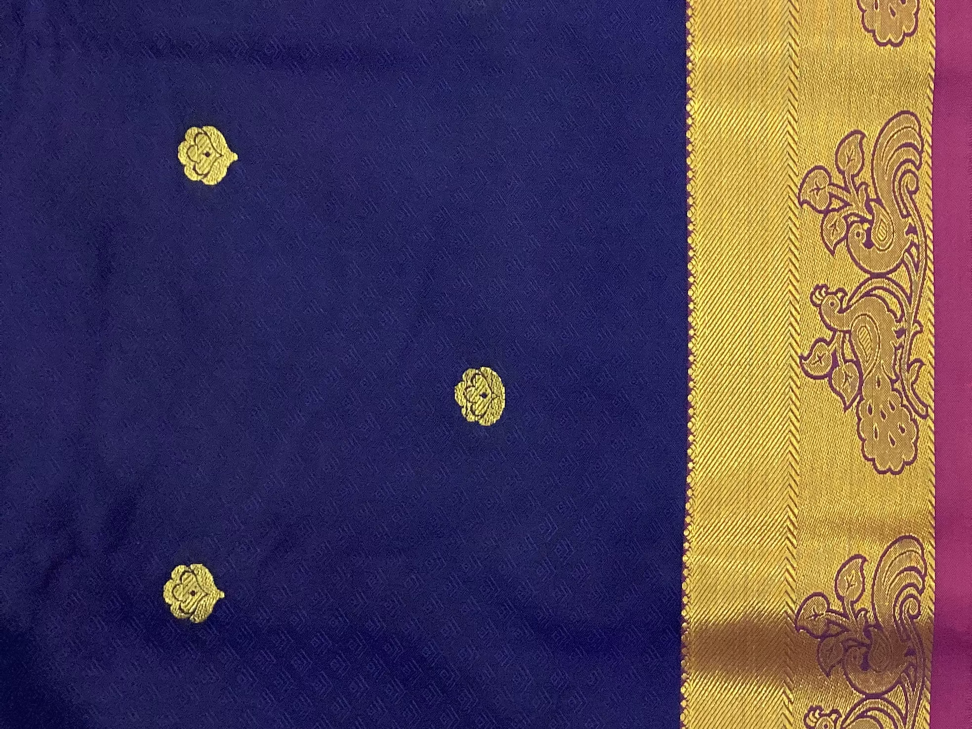 Royal Blue Magenta Silk Saree Gold Buttas Broad Zari Border
