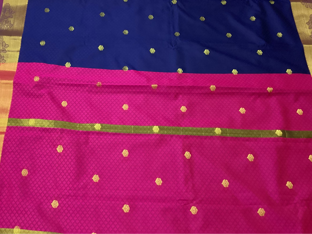 Royal Blue Magenta Silk Saree Gold Buttas Broad Zari Border