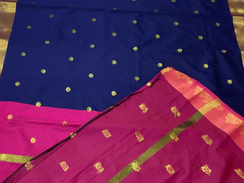 Royal Blue Magenta Silk Saree Gold Buttas Broad Zari Border