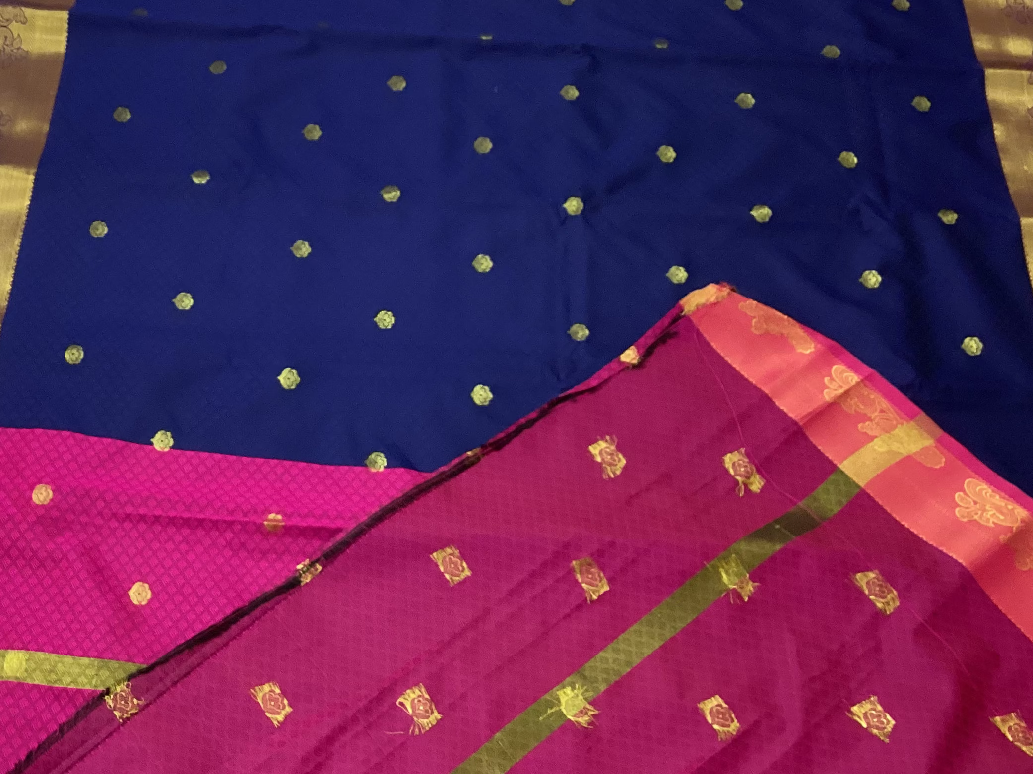 Royal Blue Magenta Silk Saree Gold Buttas Broad Zari Border