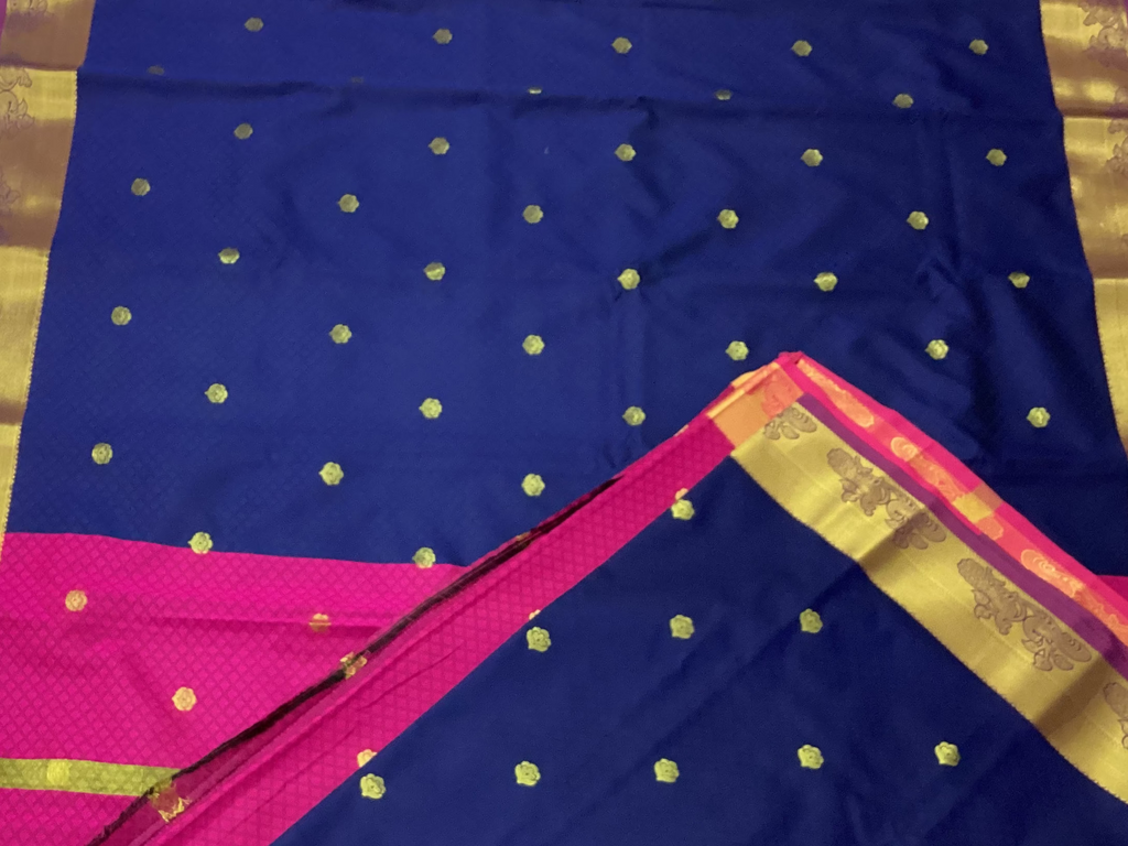 Royal Blue Magenta Silk Saree Gold Buttas Broad Zari Border