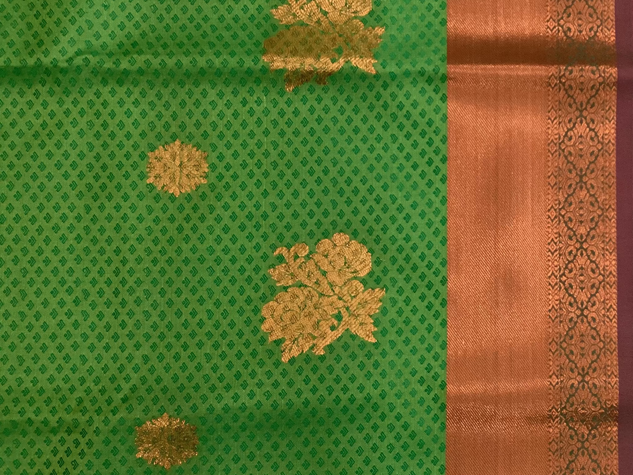 Emerald Green Silk Saree Coral Red Pallu Gold Zari Traditional