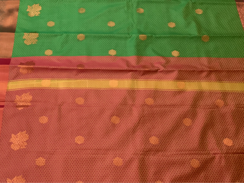 Emerald Green Silk Saree Coral Red Pallu Gold Zari Traditional