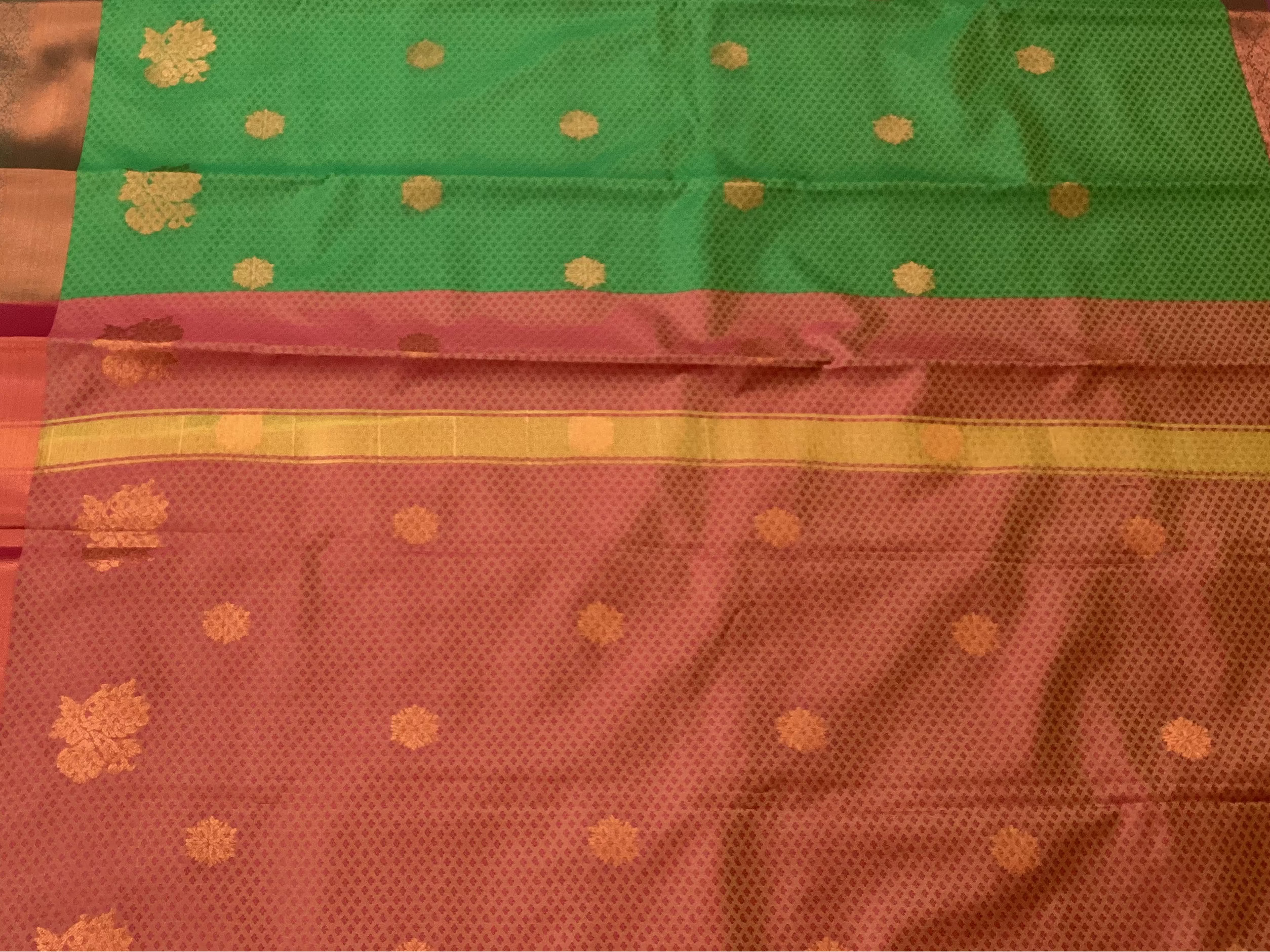 Emerald Green Silk Saree Coral Red Pallu Gold Zari Traditional