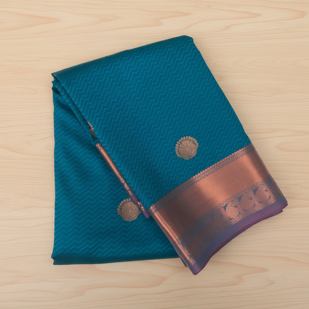 Peacock Teal Silk Saree Burnt Orange Zari Pallu Wide Border