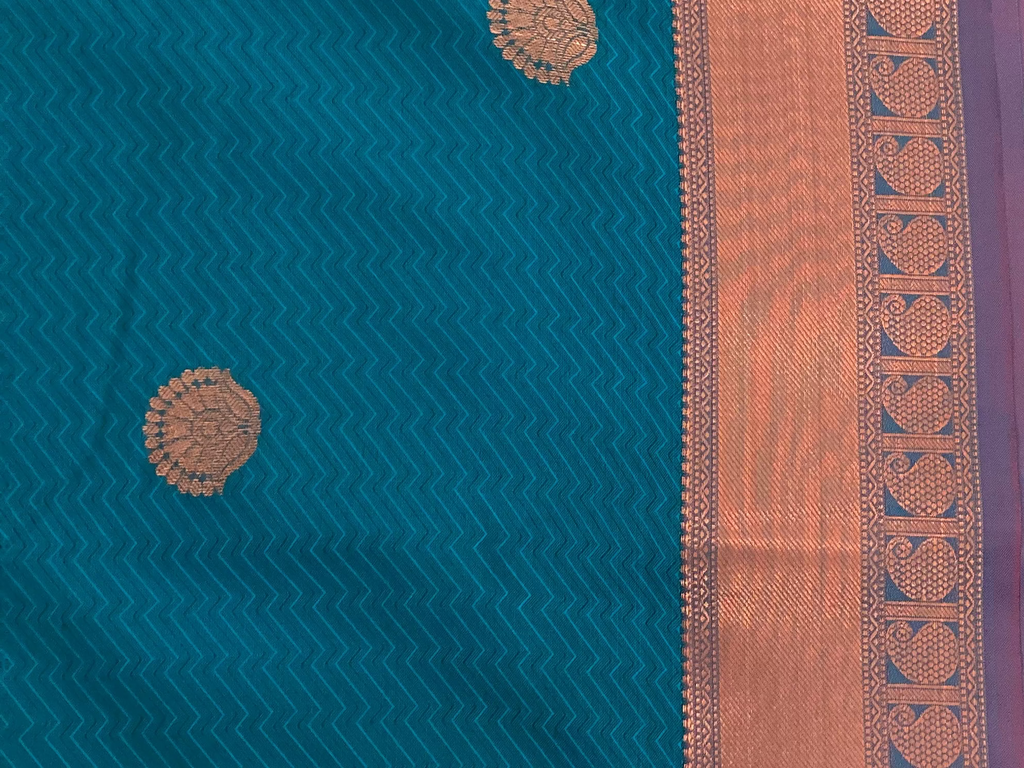 Peacock Teal Silk Saree Burnt Orange Zari Pallu Wide Border