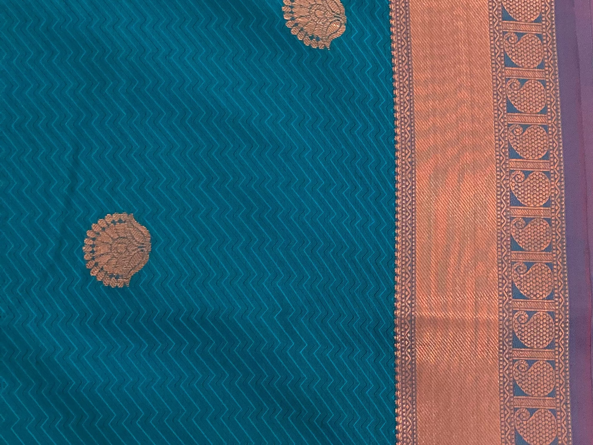 Peacock Teal Silk Saree Burnt Orange Zari Pallu Wide Border