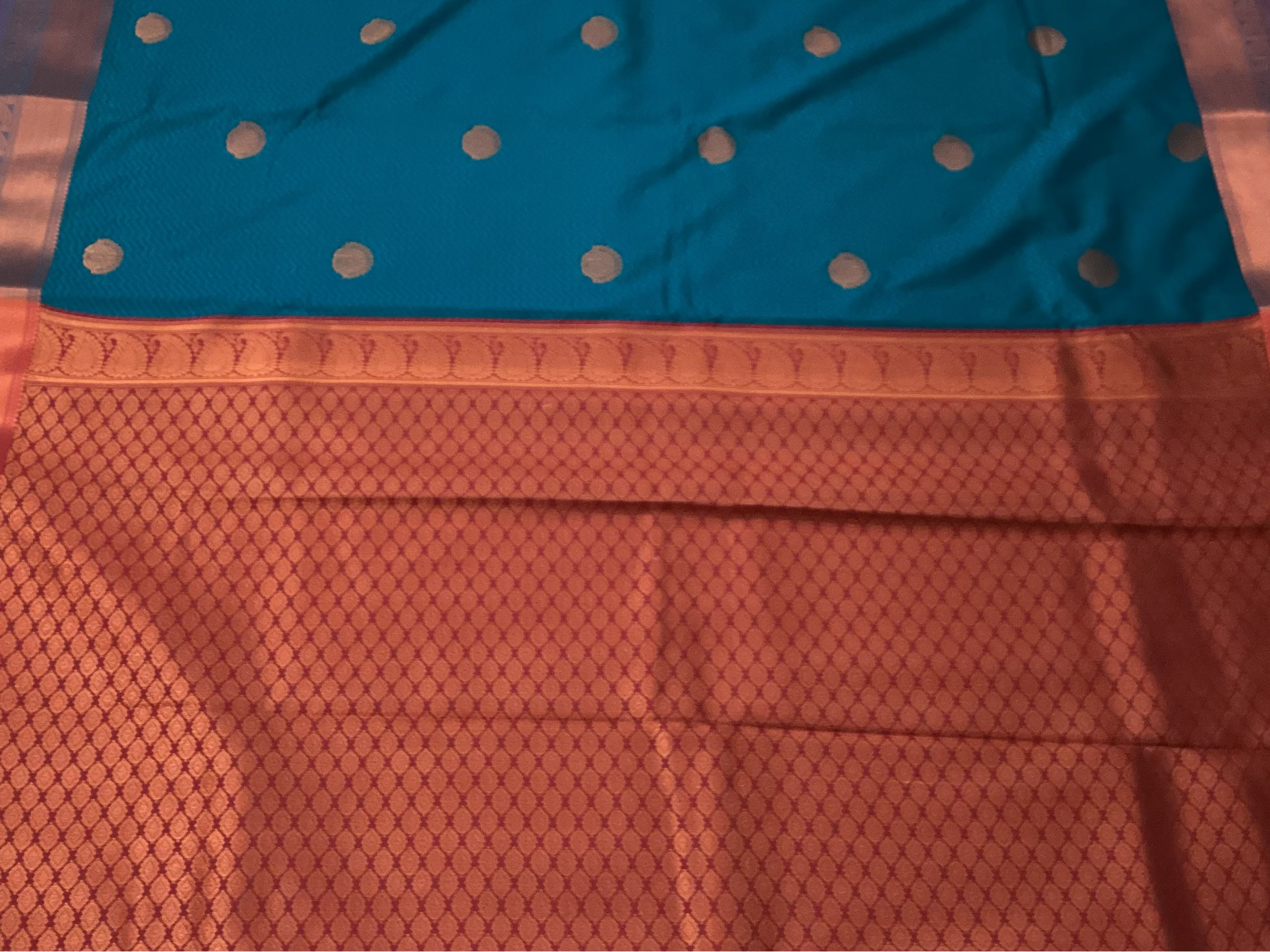 Peacock Teal Silk Saree Burnt Orange Zari Pallu Wide Border