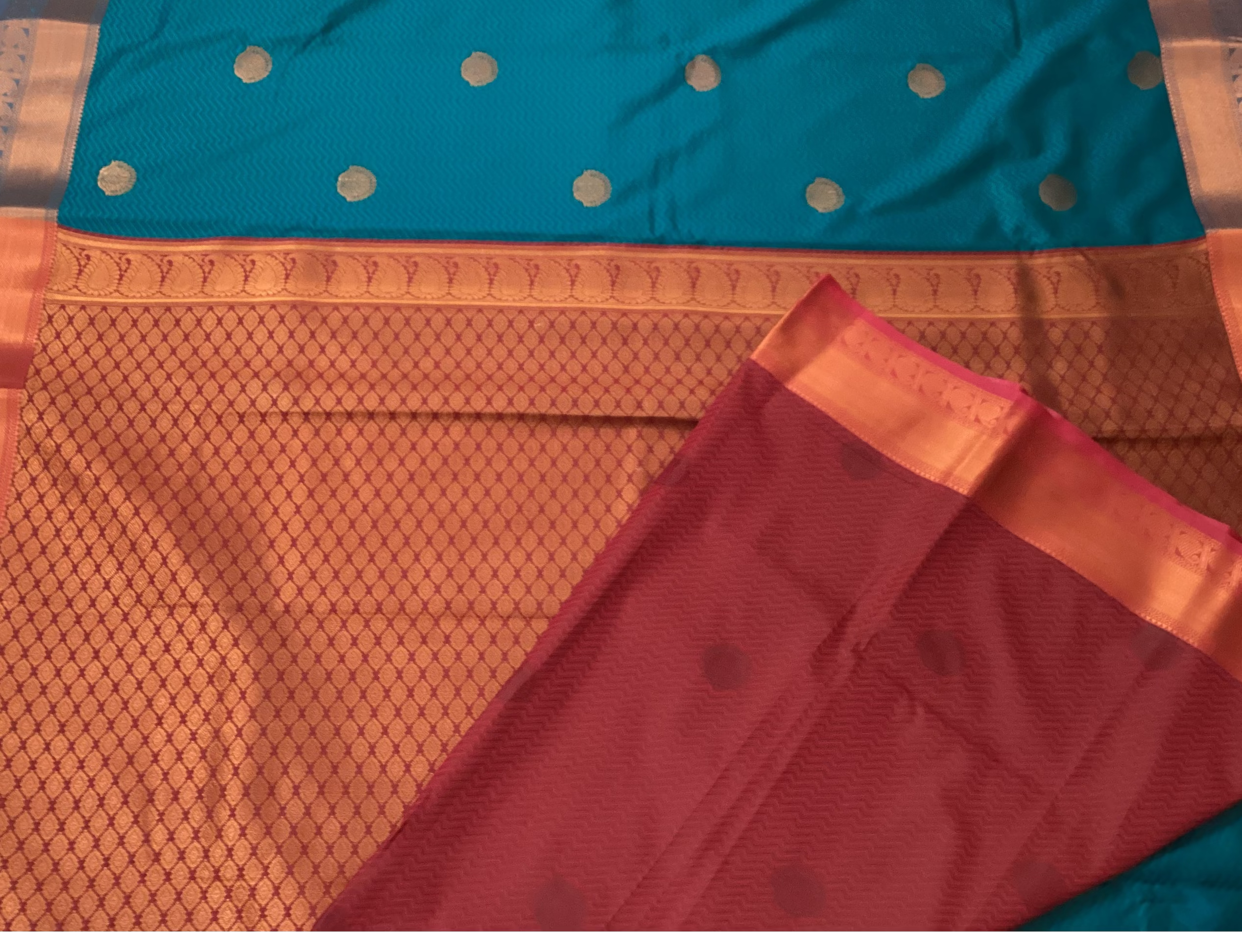 Peacock Teal Silk Saree Burnt Orange Zari Pallu Wide Border