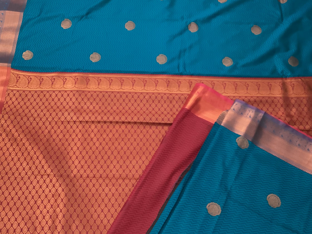 Peacock Teal Silk Saree Burnt Orange Zari Pallu Wide Border