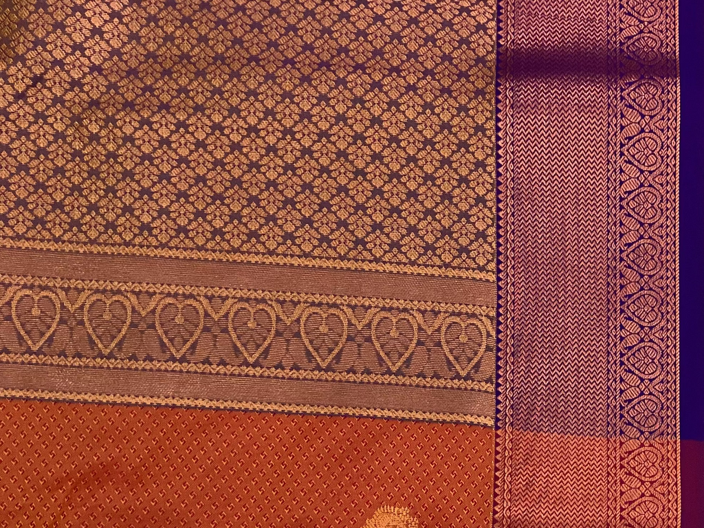 Rust Orange Silk Saree Rose Gold Brocade Pallu Royal Purple Border