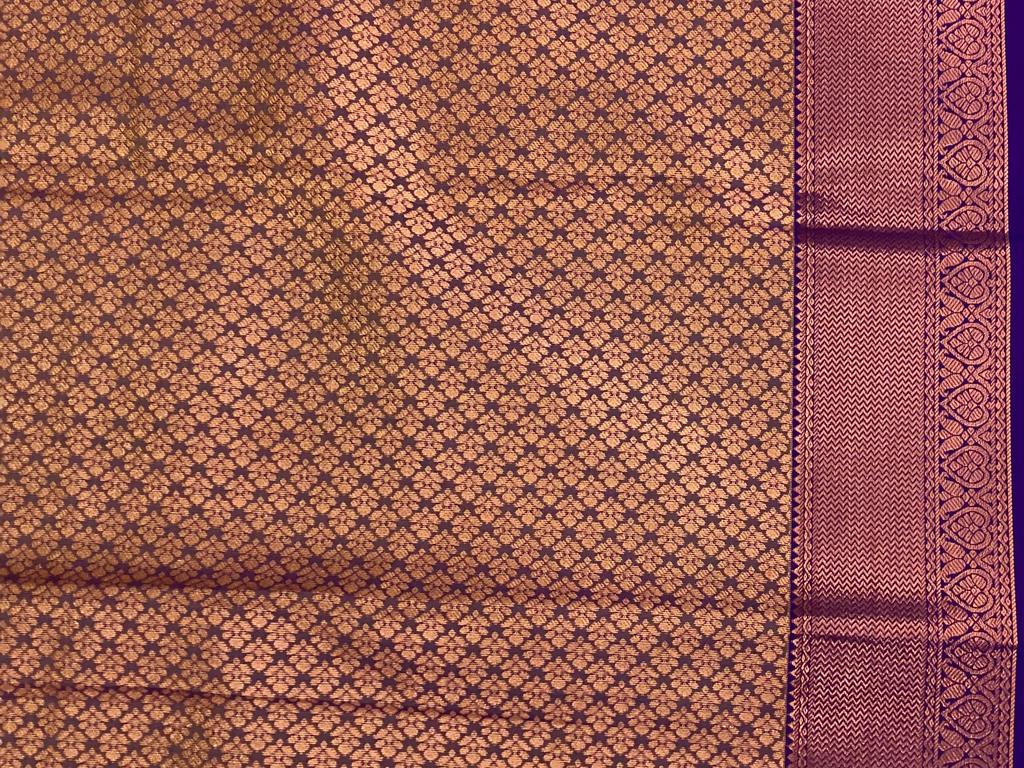 Rust Orange Silk Saree Rose Gold Brocade Pallu Royal Purple Border