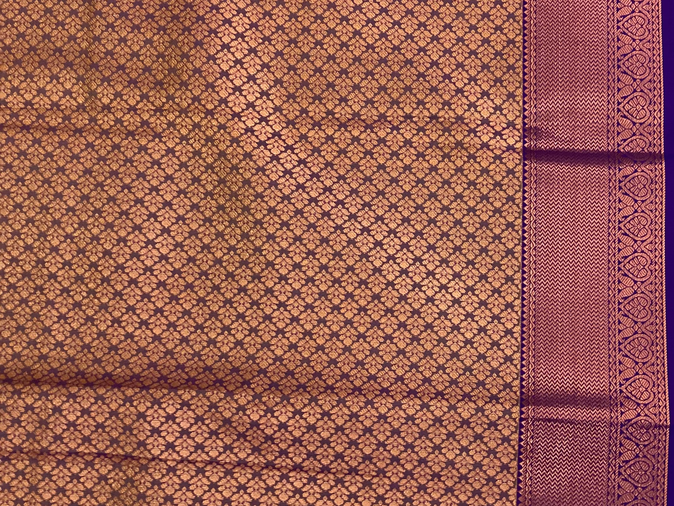 Rust Orange Silk Saree Rose Gold Brocade Pallu Royal Purple Border
