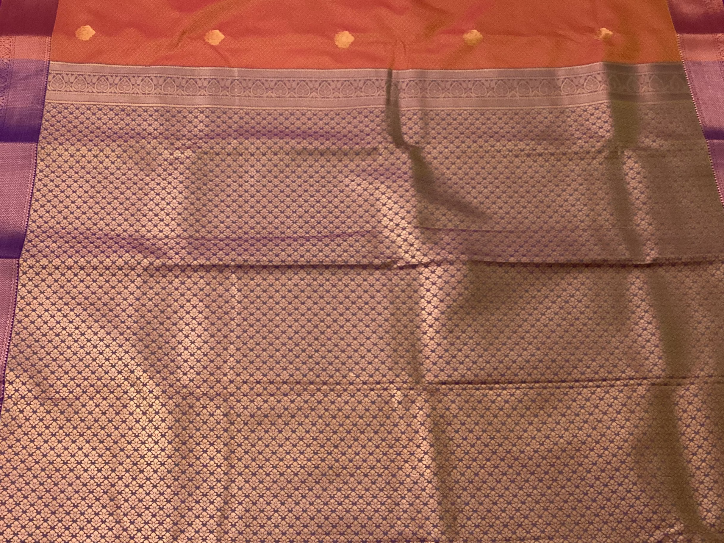 Rust Orange Silk Saree Rose Gold Brocade Pallu Royal Purple Border
