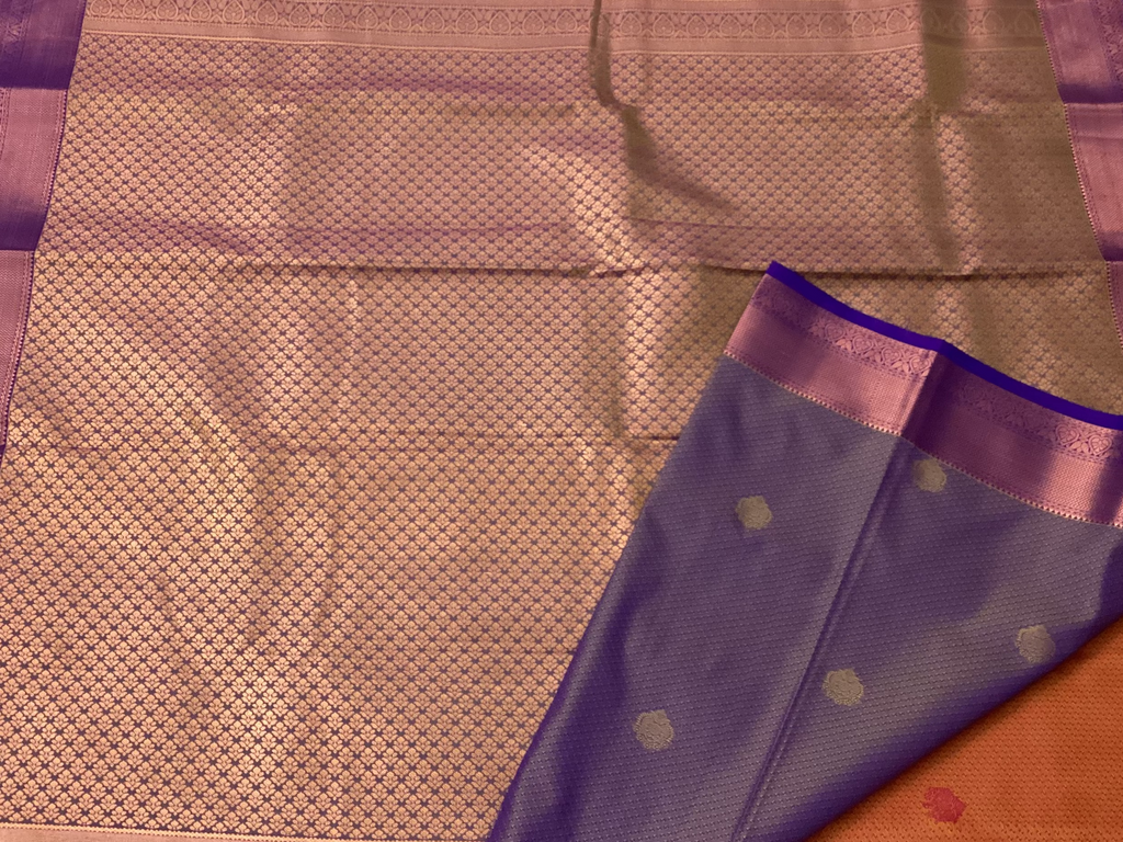 Rust Orange Silk Saree Rose Gold Brocade Pallu Royal Purple Border