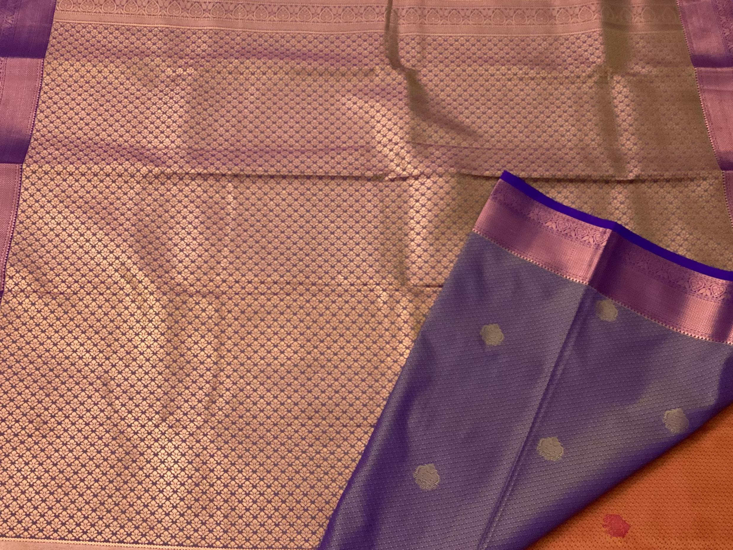 Rust Orange Silk Saree Rose Gold Brocade Pallu Royal Purple Border