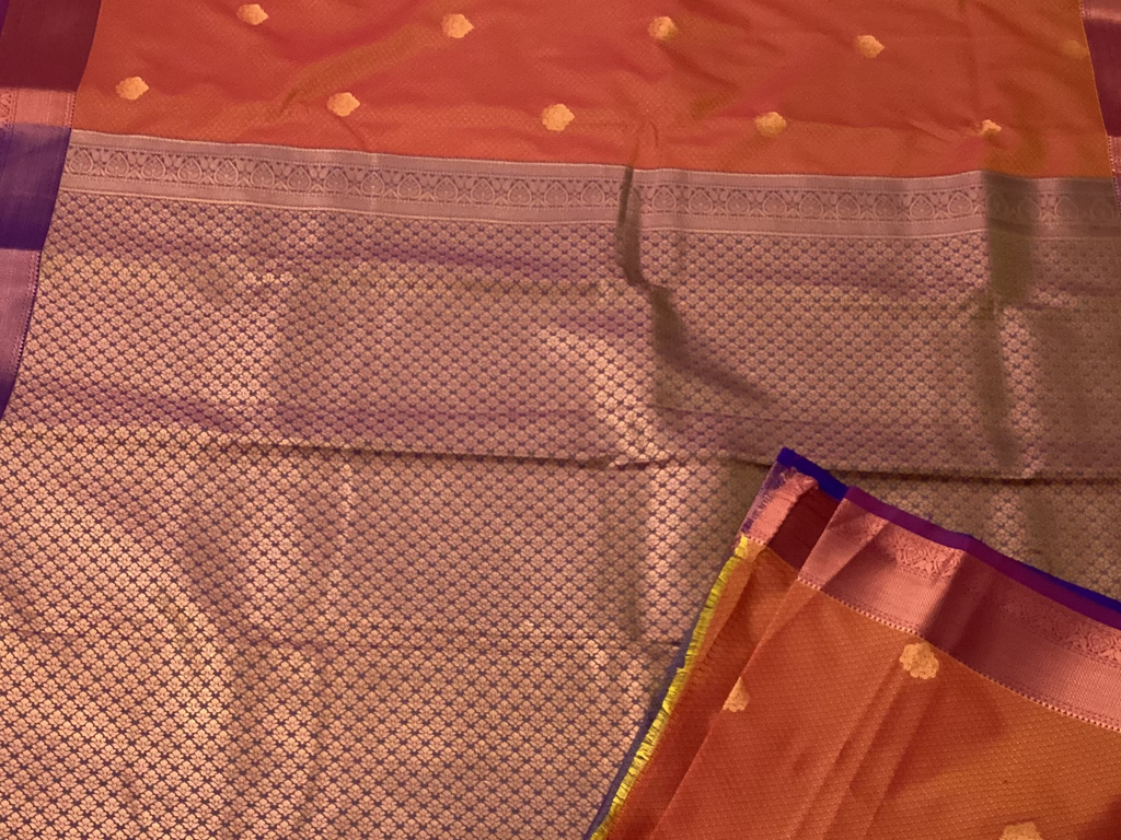 Rust Orange Silk Saree Rose Gold Brocade Pallu Royal Purple Border