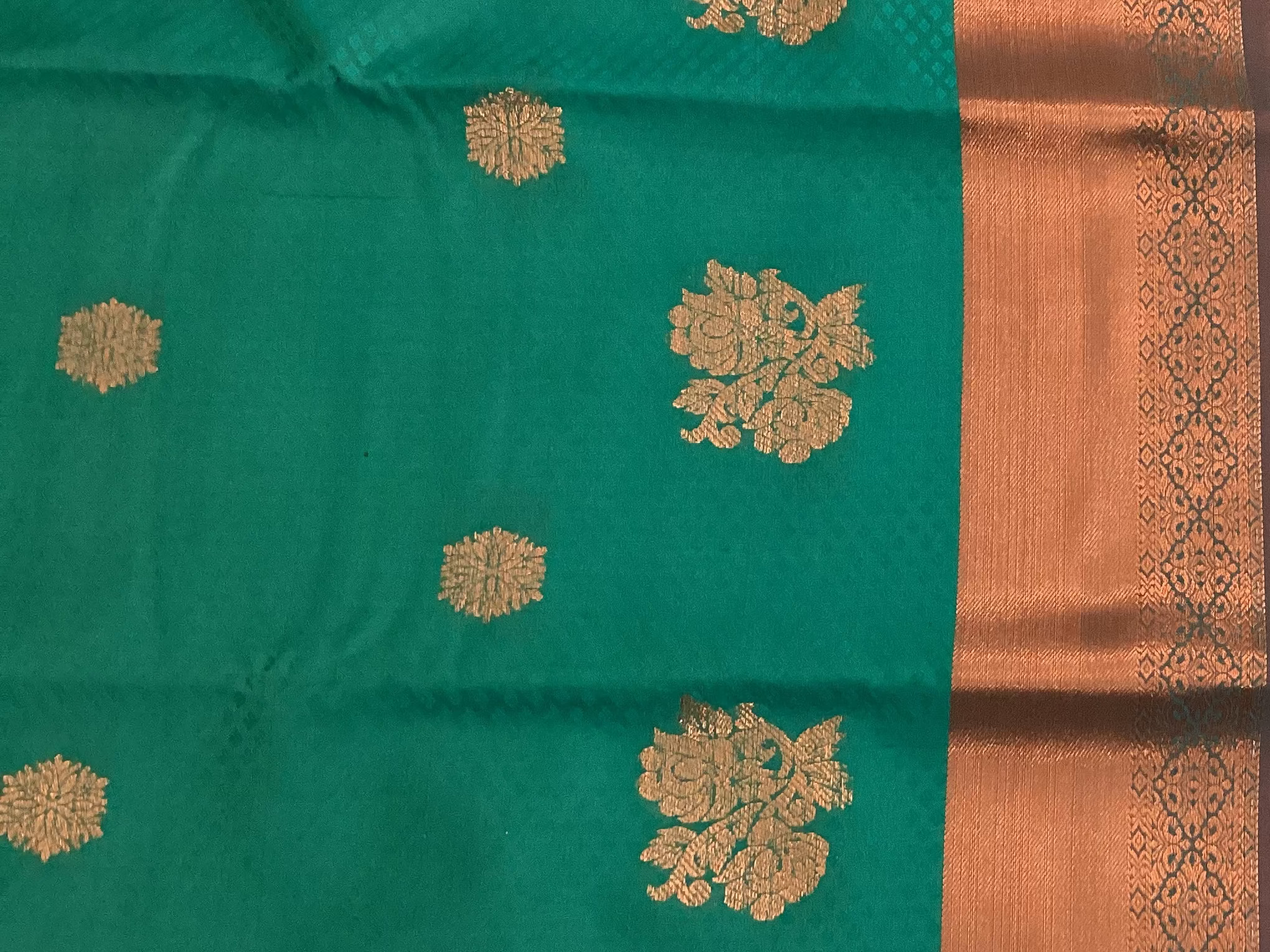 Teal Burgundy Silk Saree Copper Zari Floral Motifs Contrast Border