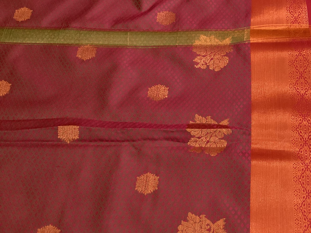 Teal Burgundy Silk Saree Copper Zari Floral Motifs Contrast Border
