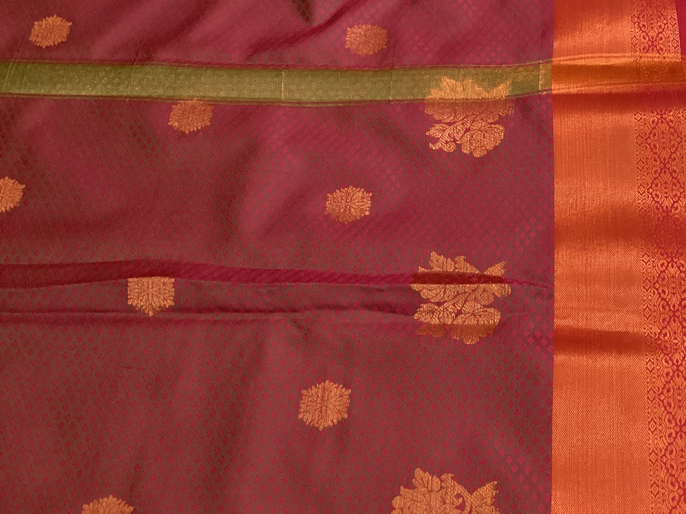 Teal Burgundy Silk Saree Copper Zari Floral Motifs Contrast Border