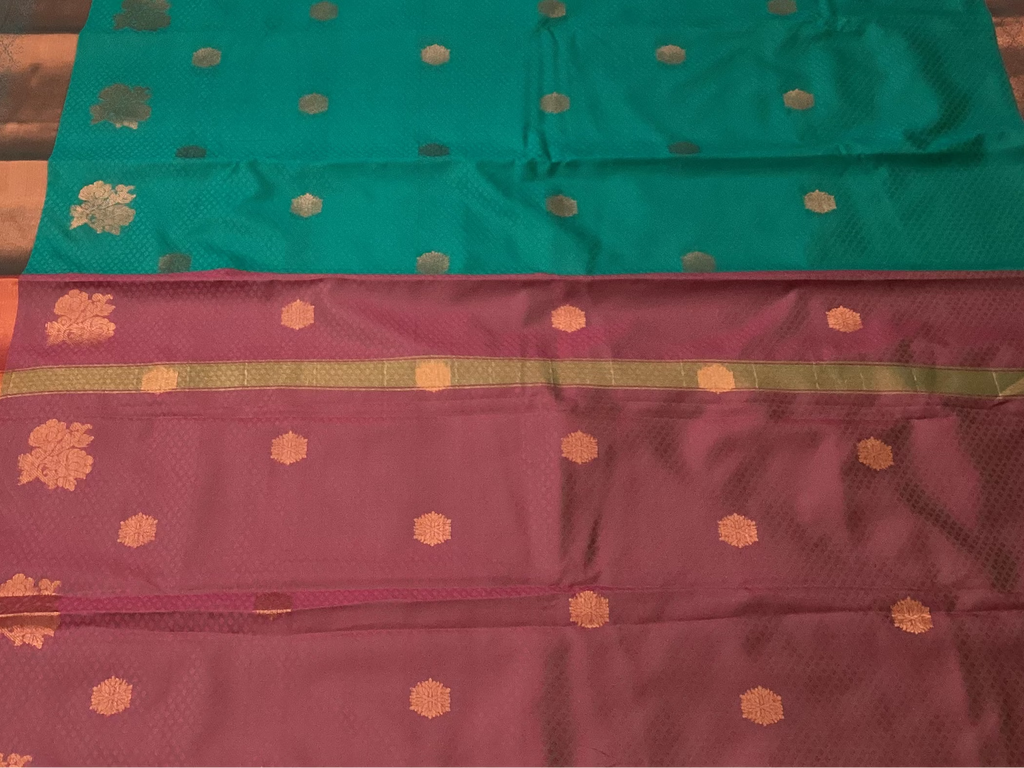 Teal Burgundy Silk Saree Copper Zari Floral Motifs Contrast Border